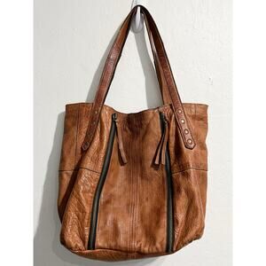 Day & Mood Brown Tan Genuine Leather Shopper Tote Bag Purse Zipper Studs